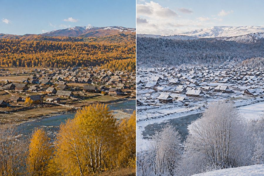 Baihaba Village autumn and winter scenery comparison showing best time to visit
