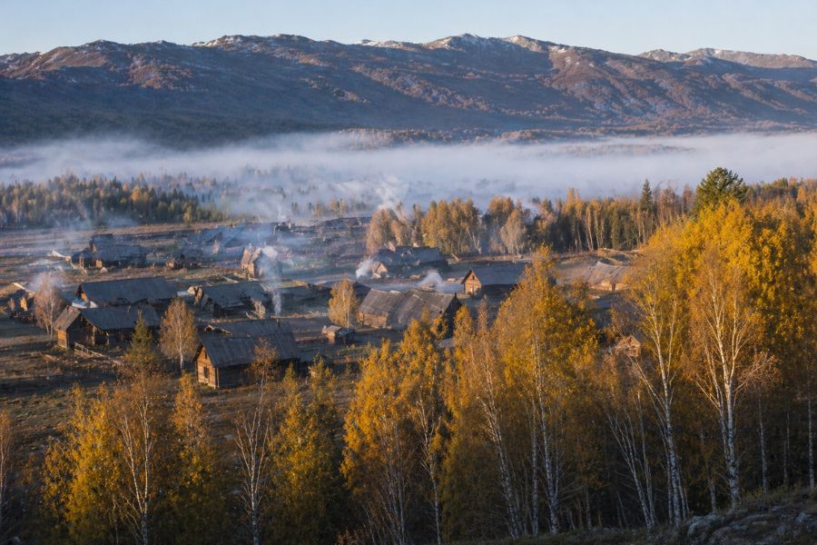 Baihaba Village in Xinjiang with wooden houses and birch forest in early morning light