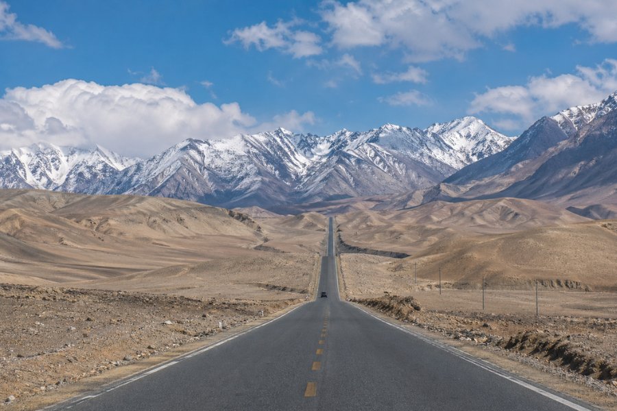 Karakoram Highway road trip route toward Baisha Lake and Pamir Plateau landscape Karakoram Highway road trip route toward Baisha Lake and Pamir Plateau landscape