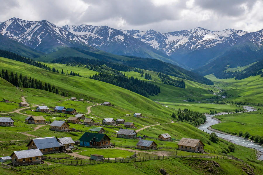 Early summer scenery in Qiongkushitai Village with snow mountains and grasslands Early summer scenery in Qiongkushitai Village with snow mountains and grasslands