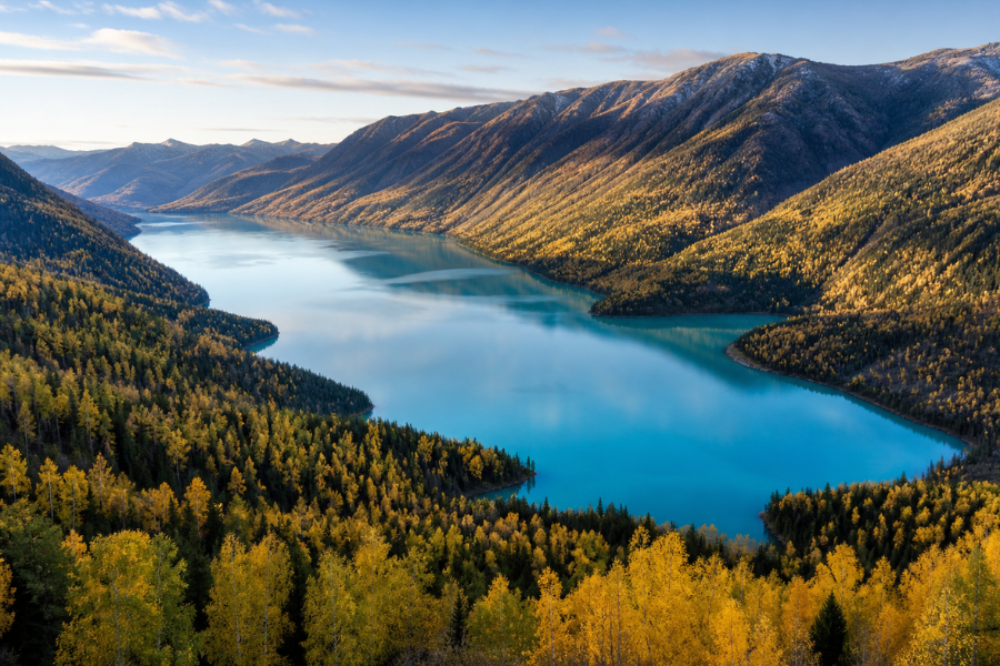 Kanas Lake scenic view with autumn forest in northern Xinjiang