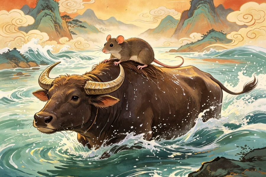 Chinese Zodiac Great Race legend featuring the Rat and Ox