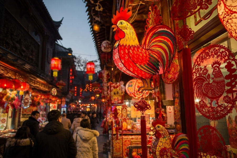 Year of the Rooster decorations during Chinese Spring Festival