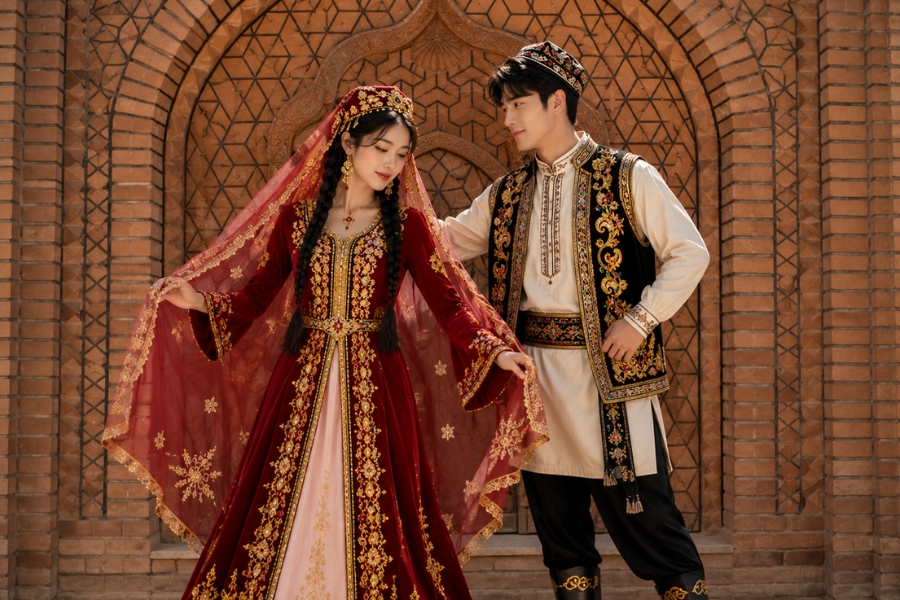 Traditional Uyghur clothing and doppa hat as part of Xinjiang ethnic costumes Traditional Uyghur clothing and doppa hat as part of Xinjiang ethnic costumes