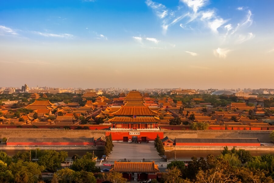 Forbidden City in Beijing viewed from Jingshan Park with golden imperial palace rooftops Forbidden City in Beijing viewed from Jingshan Park with golden imperial palace rooftops